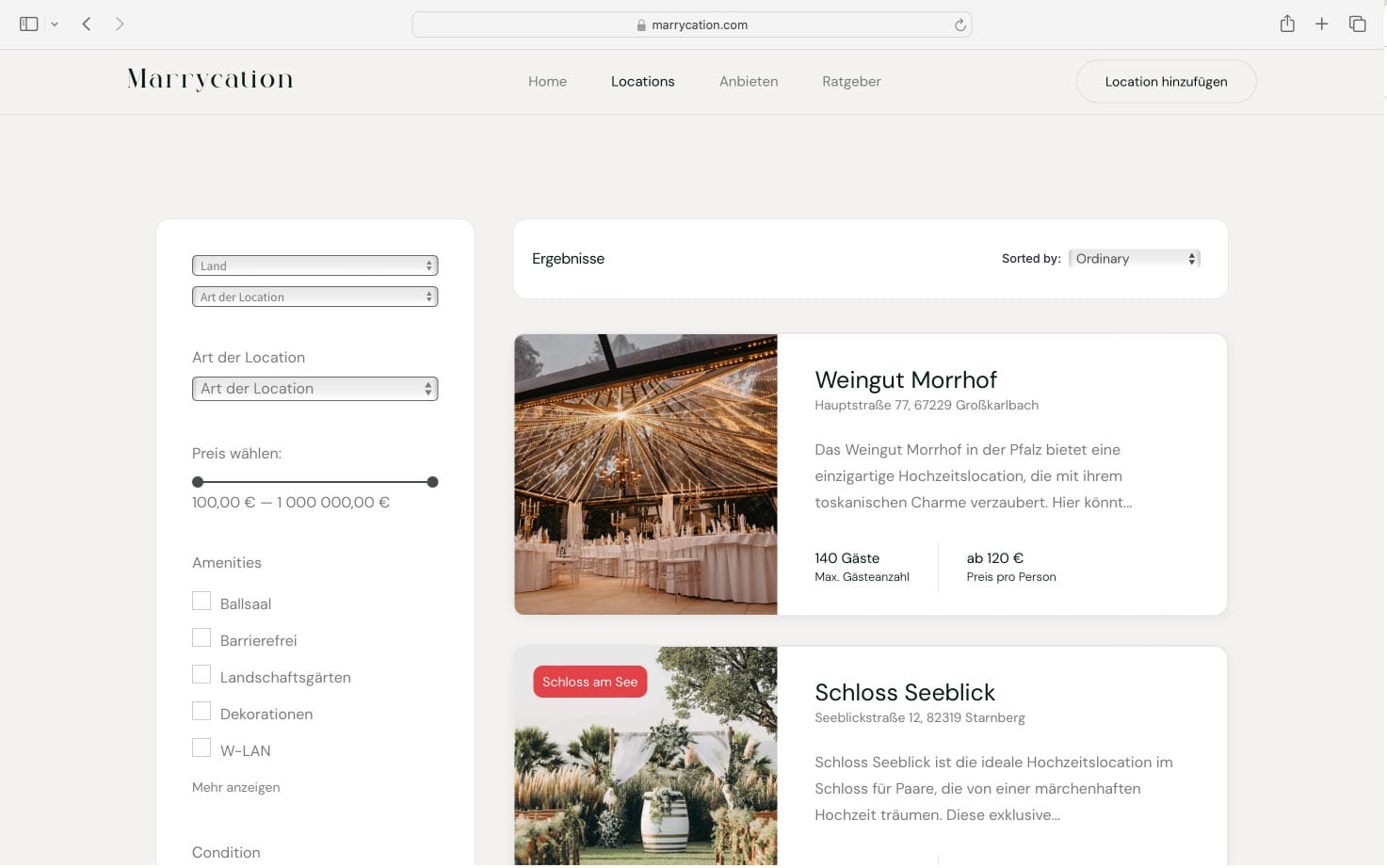 Hochzeitslocation finden und buchen Marrycation Website Suche